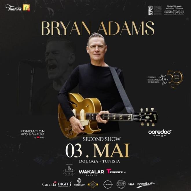 سهرة ثانية مع   براين آدامز يوم 3 ماي على ركح مسرح دقة استجابة للإقبال الجماهيري