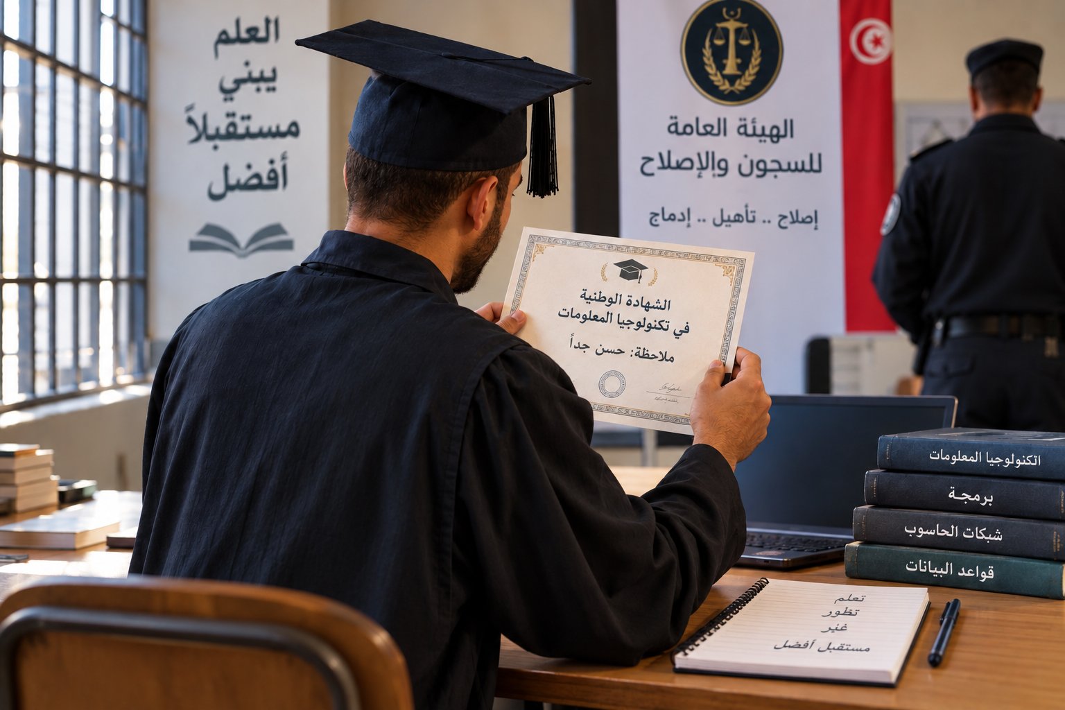 سجين محكوم بالإعدام يتخرج في تكنولوجيا المعلومات، وتؤكد السجون دعمها للتعليم داخل المؤسسات السجنية