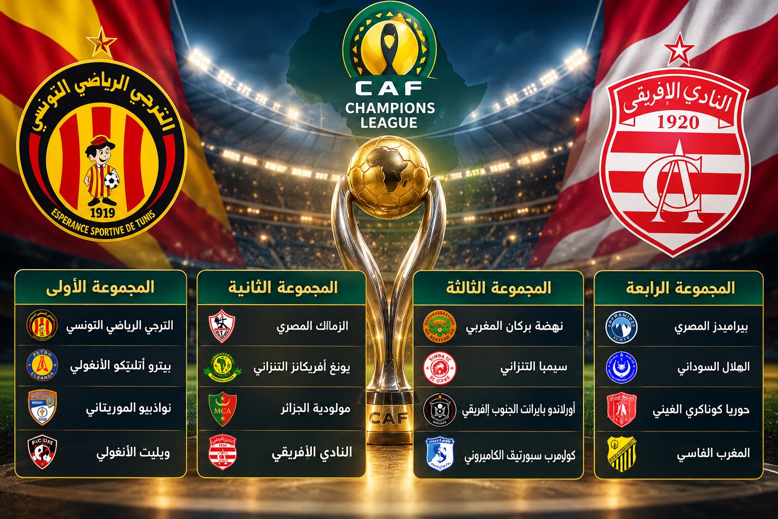 رابطة أبطال إفريقيا: برنامج مباريات الترجي الرياضي والنادي الإفريقي في دور المجموعات
